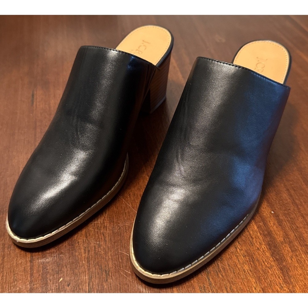 J.Crew Black‎ Mule Heels Womens Size 9 Almond Toe Block Heel Slip On Shoes